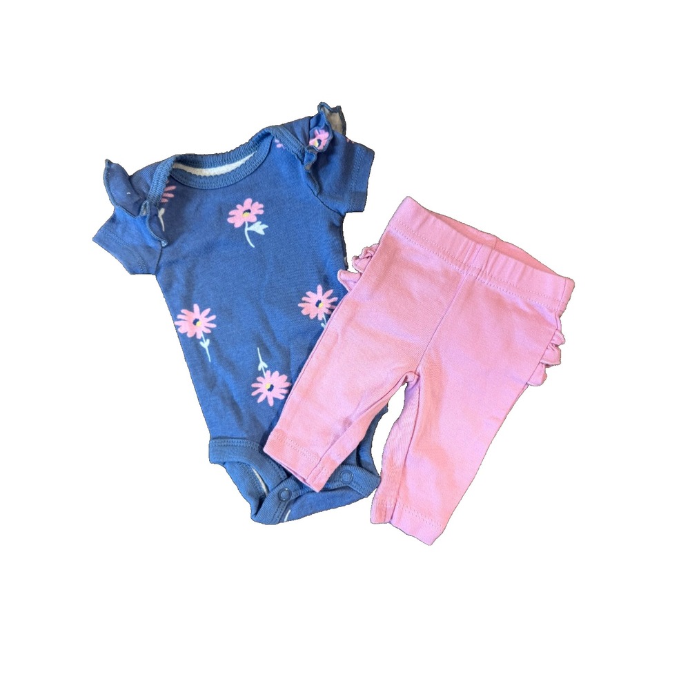 Child of Mine Outfit Baby Girl Preemie Blue Floral Bodysuit Pink Ruffle Pants